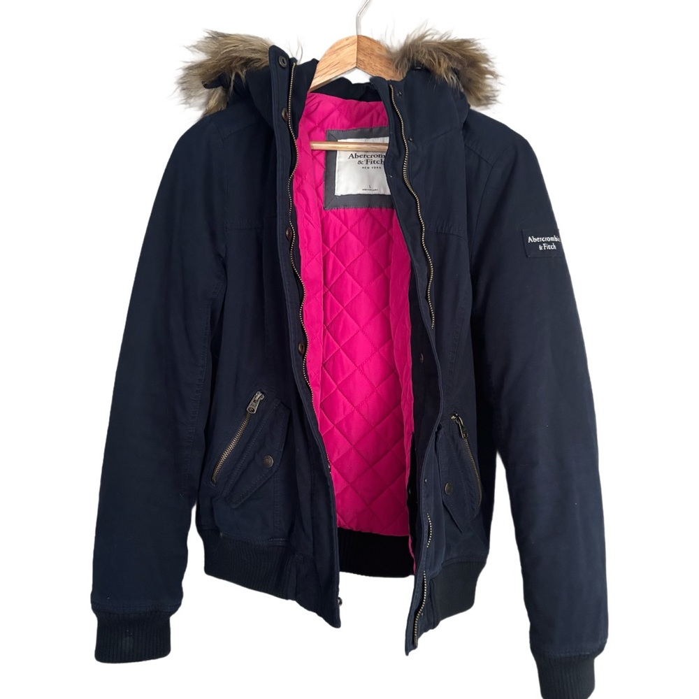 Vintage Y2K Navy Cotton Abercrombie Fitch jacket w pink lining & Faux Fur Hood L